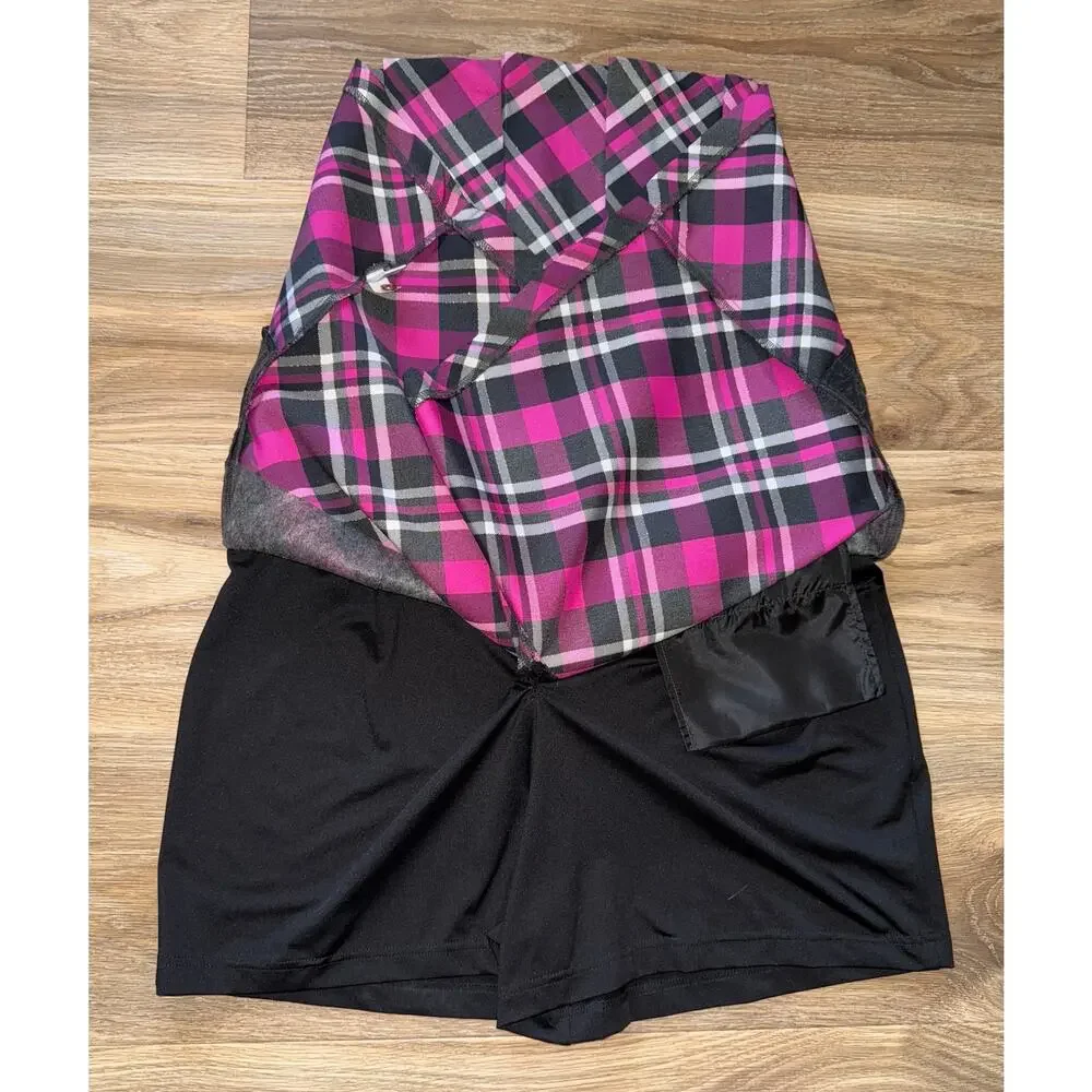 Lady Hagen Pink/Black Plaid Pleated Golf Skort with Buckle - size 12 - OD